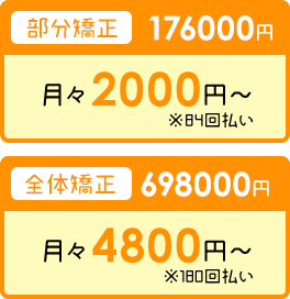 部分矯正176000円 月々2000円〜 ※84回払い　全体矯正698000円 月々4800円〜 ※180回払い